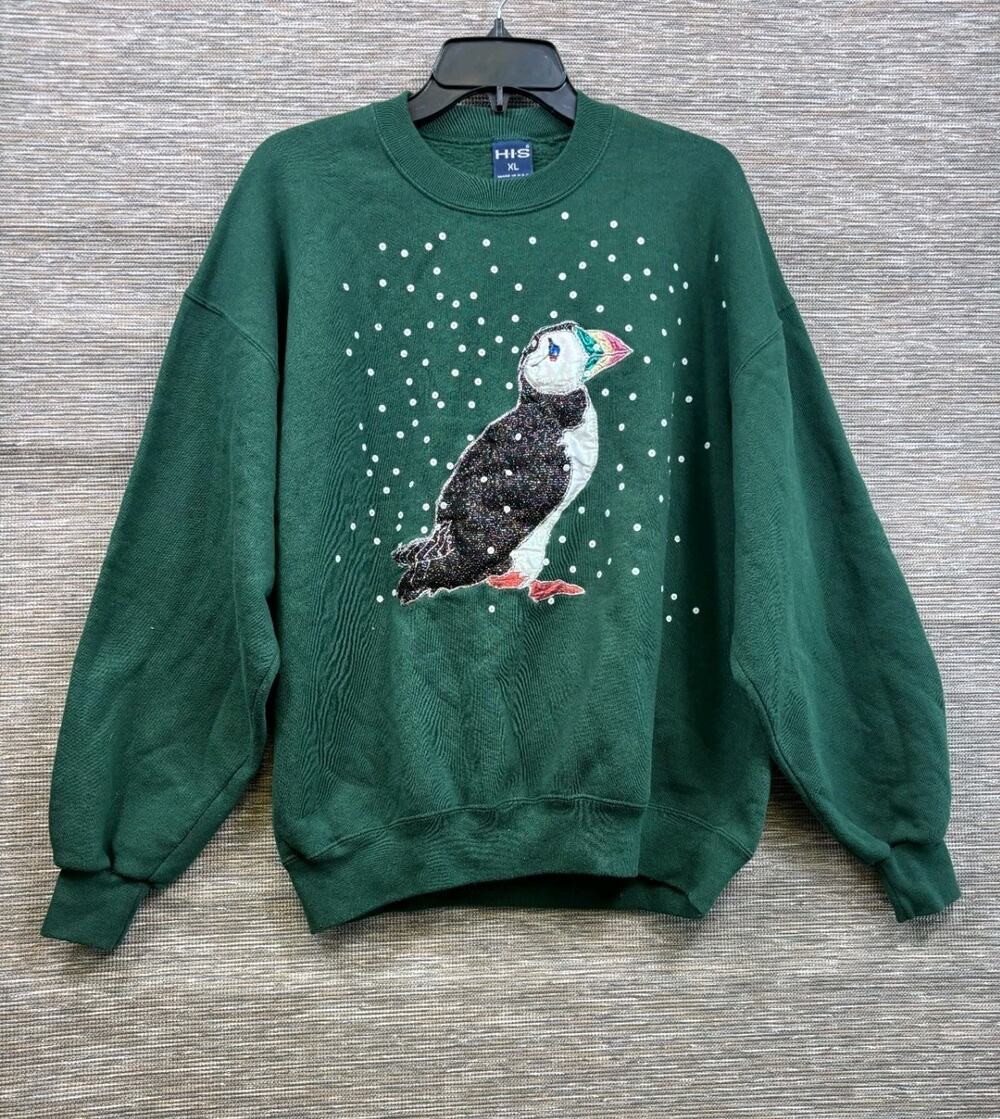Vintage 80s Puffin Bird Watcher Sweatshirt Womens Size XL Green Made in USA